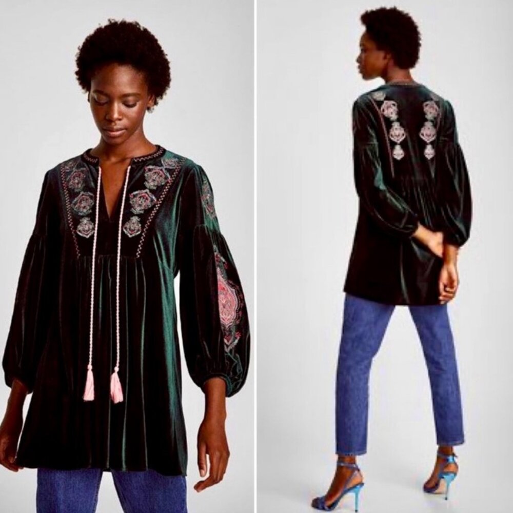 ZARA Dark Green Velvet Embroidered Boho Tunic Dress SMALL